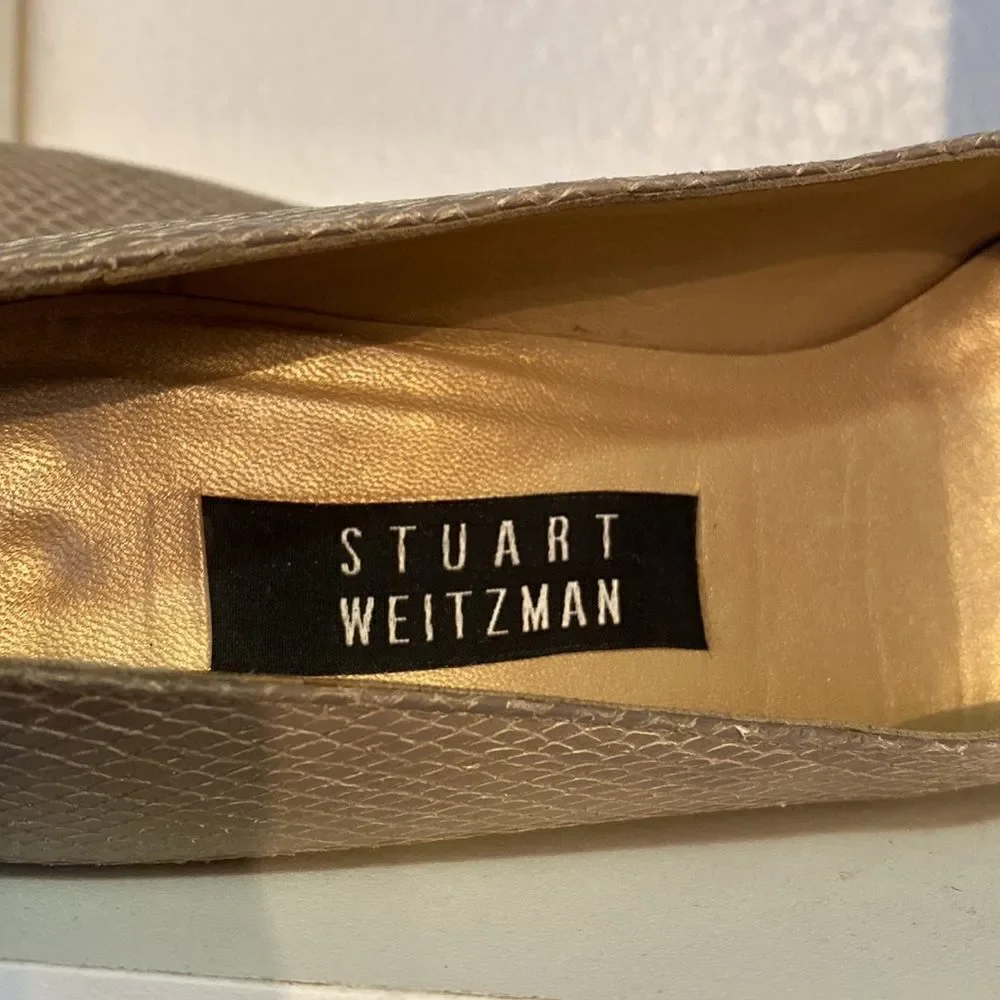 Stuart Weitzman Beige Snakeskin Print Leather Heel Pumps